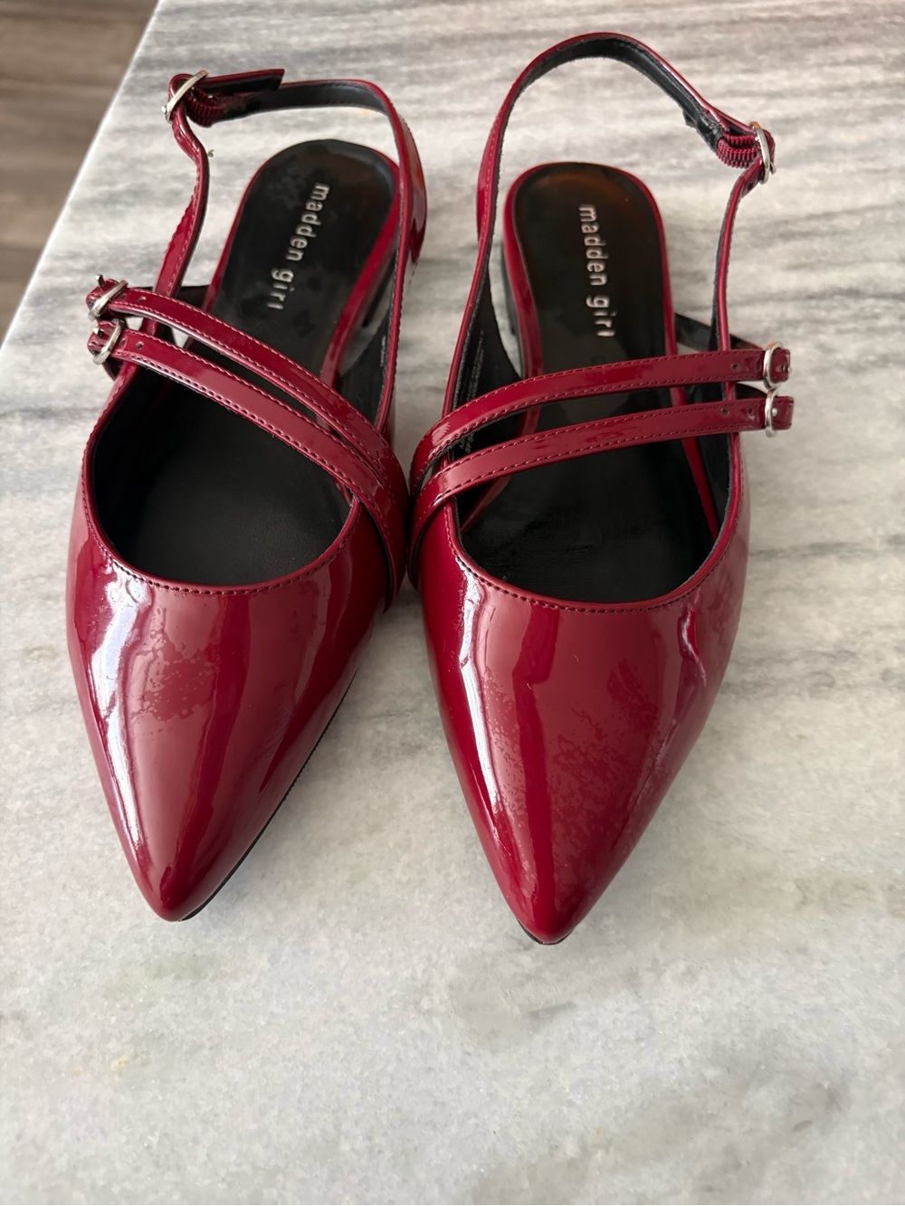 Madden Girl Red Patent Pointed Slingback Flats with Double Straps